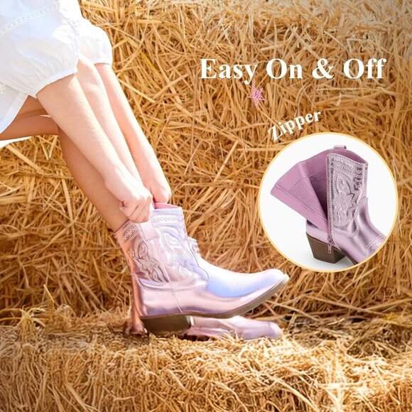 Girls Cowgirl Boots Western Riding Shoes with Zipper & Square Toe Shoes - Picture 5 of 7